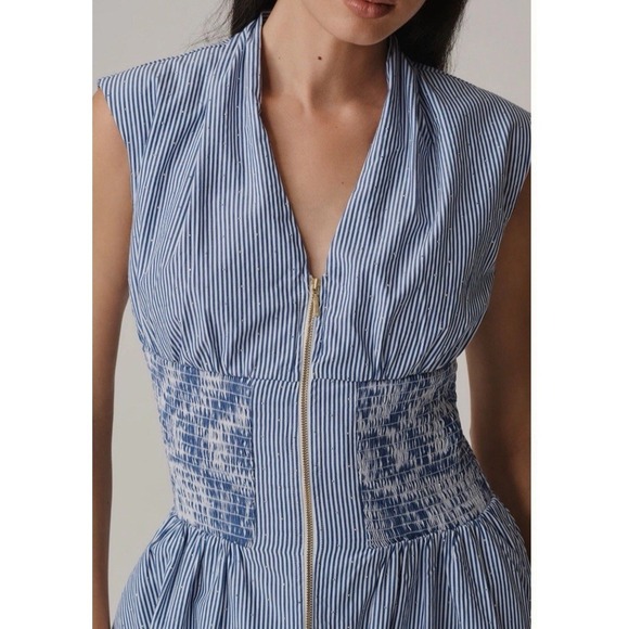 Anthropologie The Tommie Cap-Sleeve Smocked Front-Zip Shirt Dress Shine Sz S - Picture 4 of 11